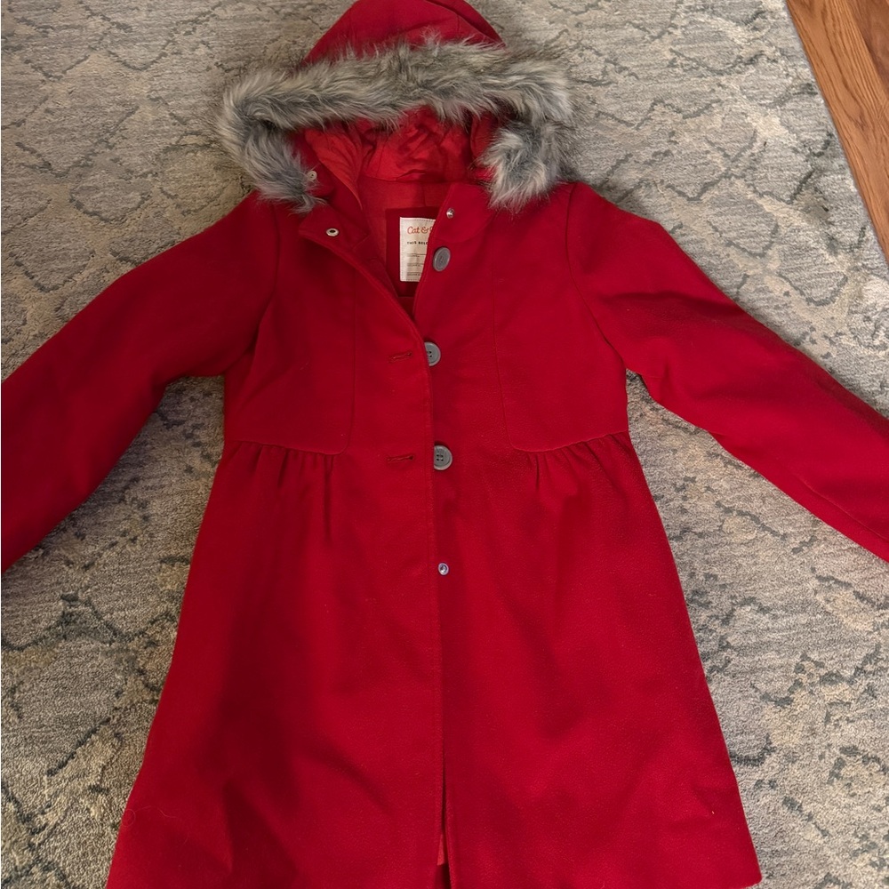 Red Kids Coat with Faux Fur Hood